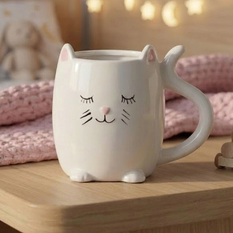 Orsina Gigil Cat Mug – White Ceramic Coffee Cup with Tail Handle