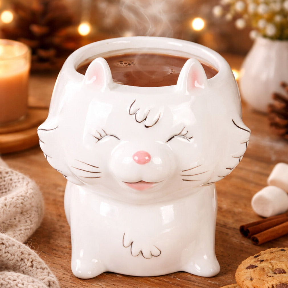 Orsina Gigil White Cat Mug – Ceramic Novelty Coffee Cup with Tail Handle