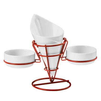 Orsina Hollywood French Fry Cone & 2 Dip Dishes | Red Serving Stand