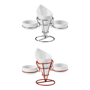 Orsina Hollywood French Fry Cone & 2 Dip Dishes | Red Serving Stand