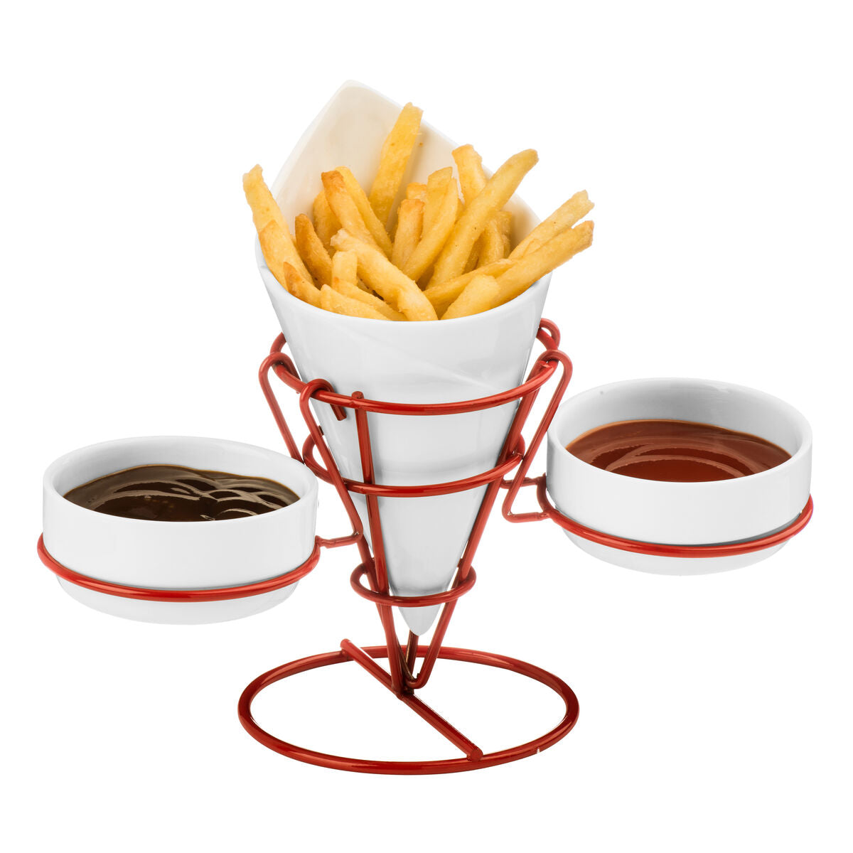Orsina Hollywood French Fry Cone & 2 Dip Dishes | Red Serving Stand