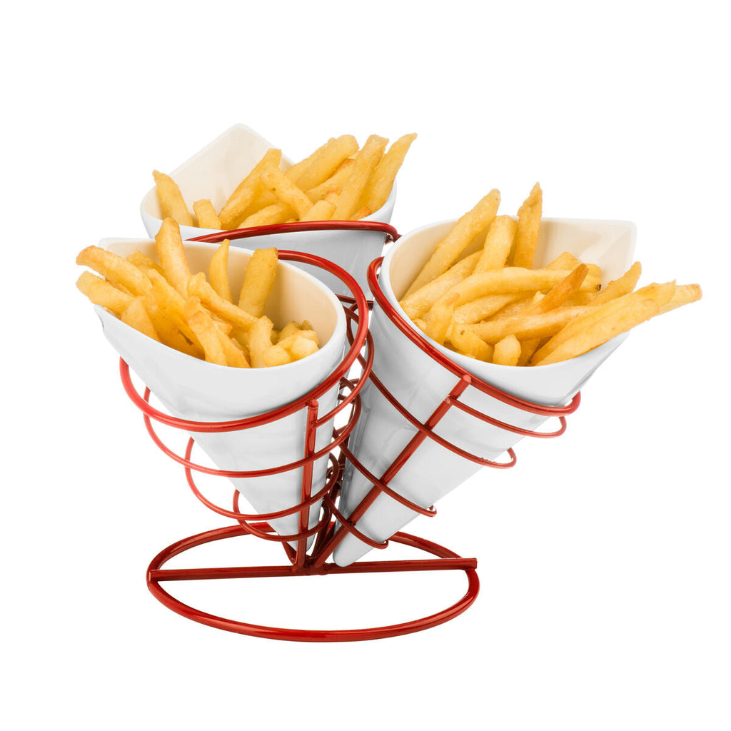 Orsina Hollywood French Fry Cones with Red Metal Stand - Set of 3