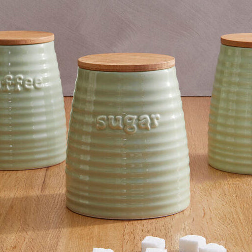 Orsina Green Dolomite Sugar Canister – Ribbed Ceramic Kitchen Jar