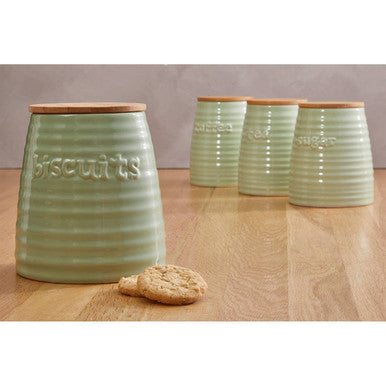 Orsina Winnie Green Dolomite Biscuit Canister | Ribbed Ceramic Jar