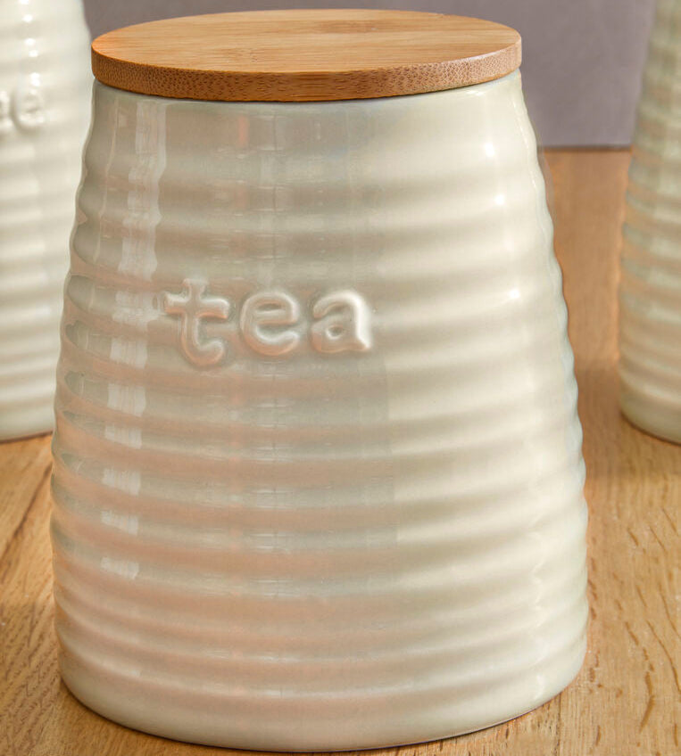 Orsina Winnie Cream Dolomite Tea Canister – Ribbed Ceramic Storage Jar