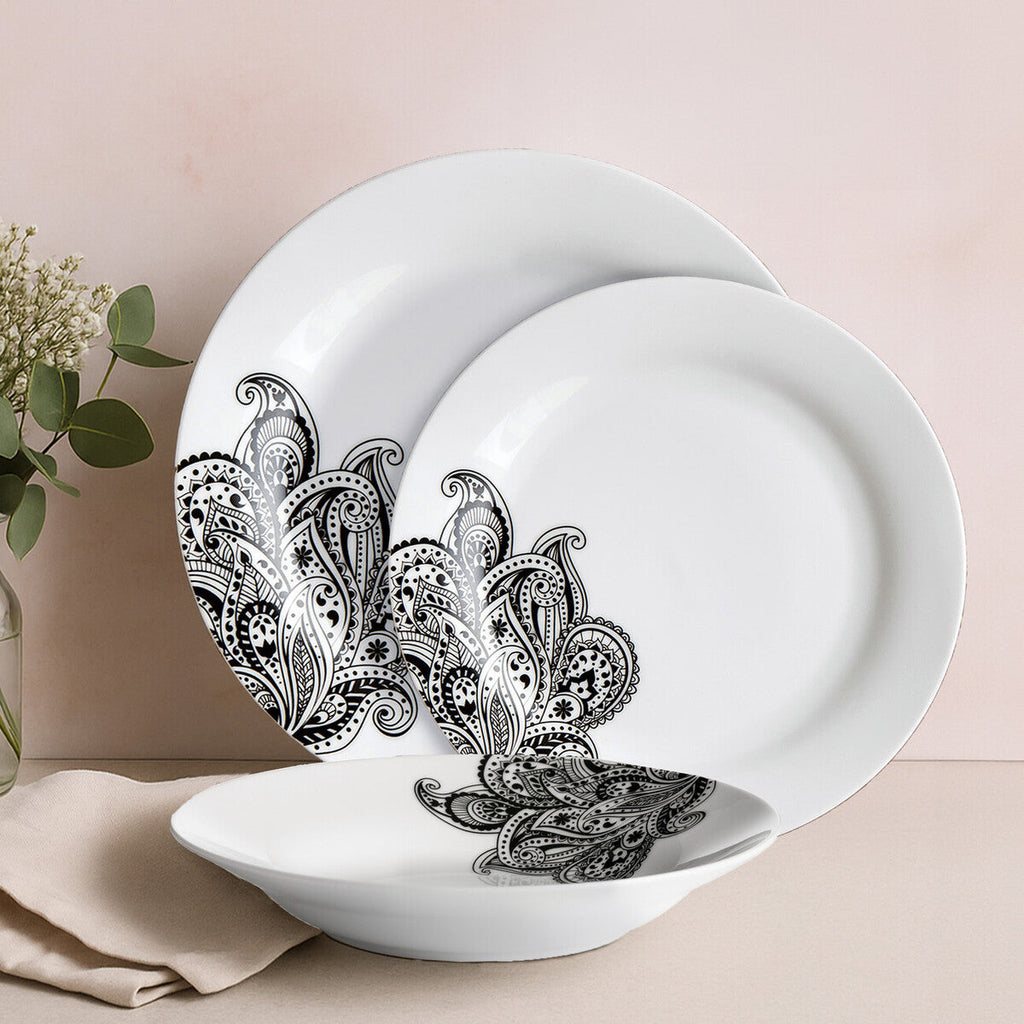 Orsina Avie Prince 12-Piece Ceramic Dinnerware Set – Black & White