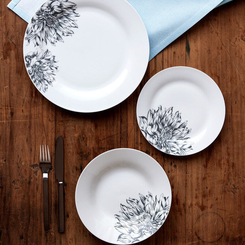 Orsina Avie Botanic 12-Piece Dinner Set | Black Floral Ceramic Tableware