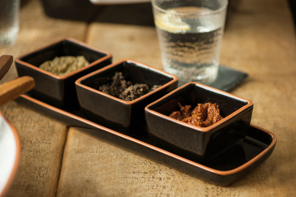 Orsina Calisto Terracotta Dip Bowls with Tray - Set of 3 in Black