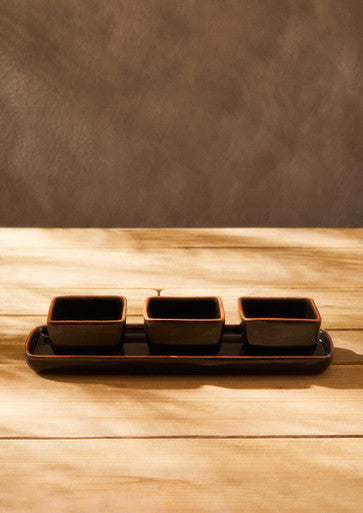 Orsina Calisto Terracotta Dip Bowls with Tray - Set of 3 in Black