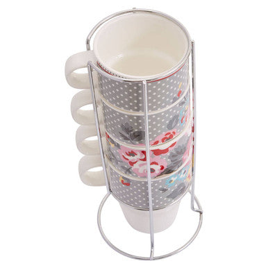 Orsina Pippa Stackable Mugs with Stand – Set of 4 Patterned Cups