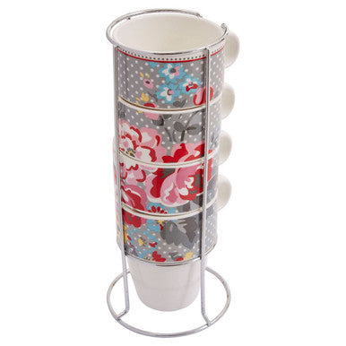 Orsina Pippa Stackable Mugs with Stand – Set of 4 Patterned Cups