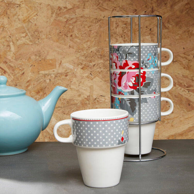 Orsina Pippa Stackable Mugs with Stand – Set of 4 Patterned Cups