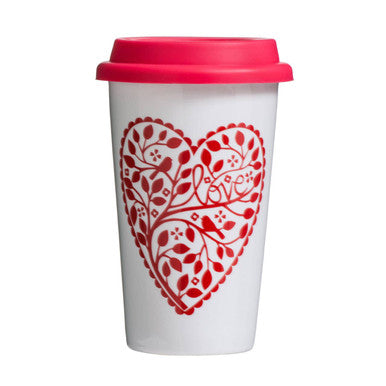 Orsina Ceramic Travel Mug – Heart Design Coffee Cup with Silicone Lid