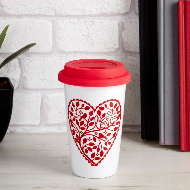 Orsina Ceramic Travel Mug – Heart Design Coffee Cup with Silicone Lid