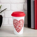 Orsina Ceramic Travel Mug – Heart Design Coffee Cup with Silicone Lid
