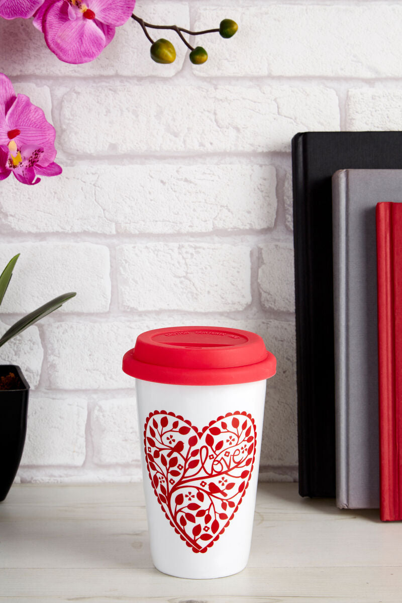 Orsina Ceramic Travel Mug – Heart Design Coffee Cup with Silicone Lid