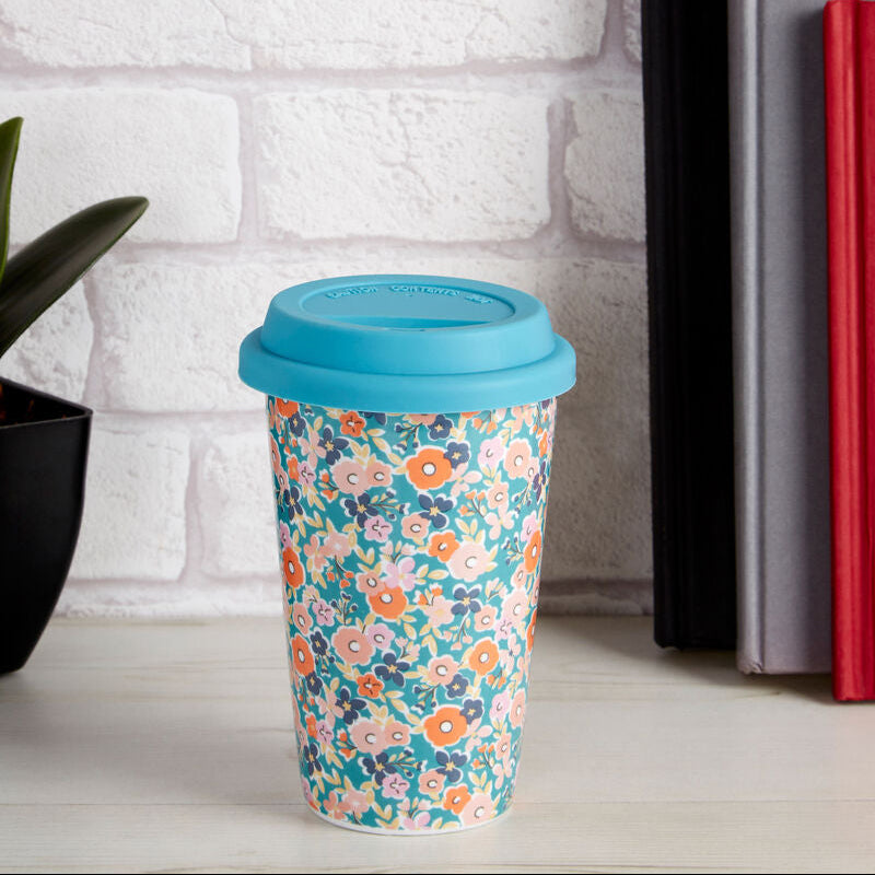 Orsina Floral Ceramic Travel Mug – Insulated Coffee Cup with Silicone Lid