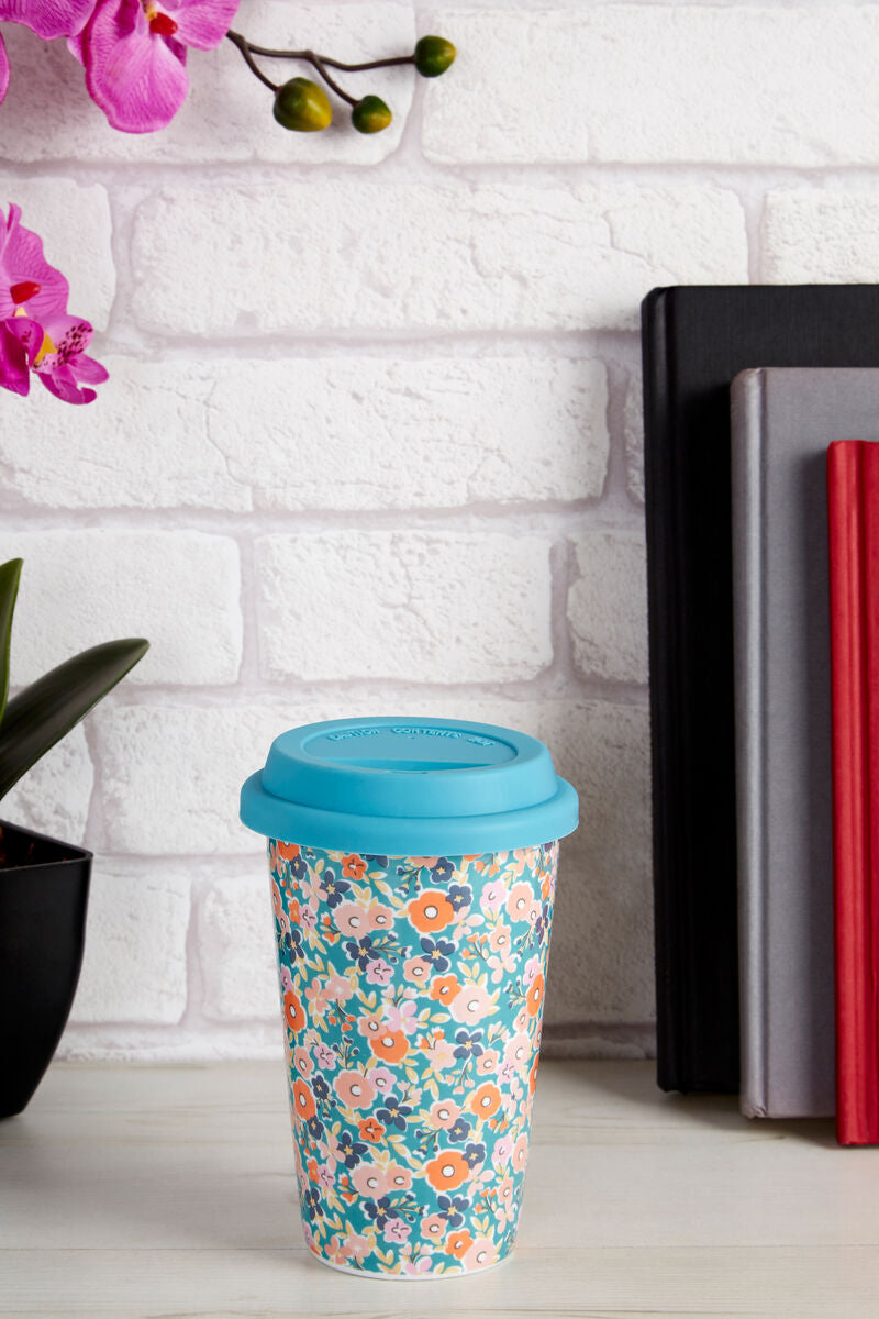 Orsina Floral Ceramic Travel Mug – Insulated Coffee Cup with Silicone Lid