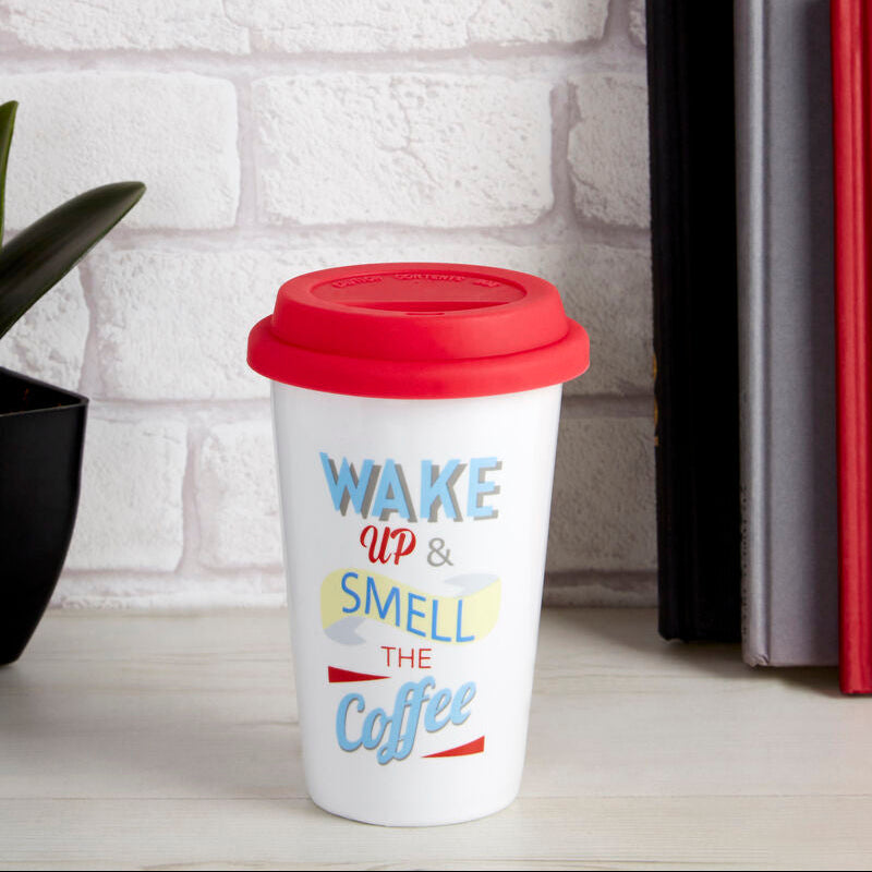 Orsina Taza Wake Up Ceramic Travel Mug with Spill-Proof Silicone Lid
