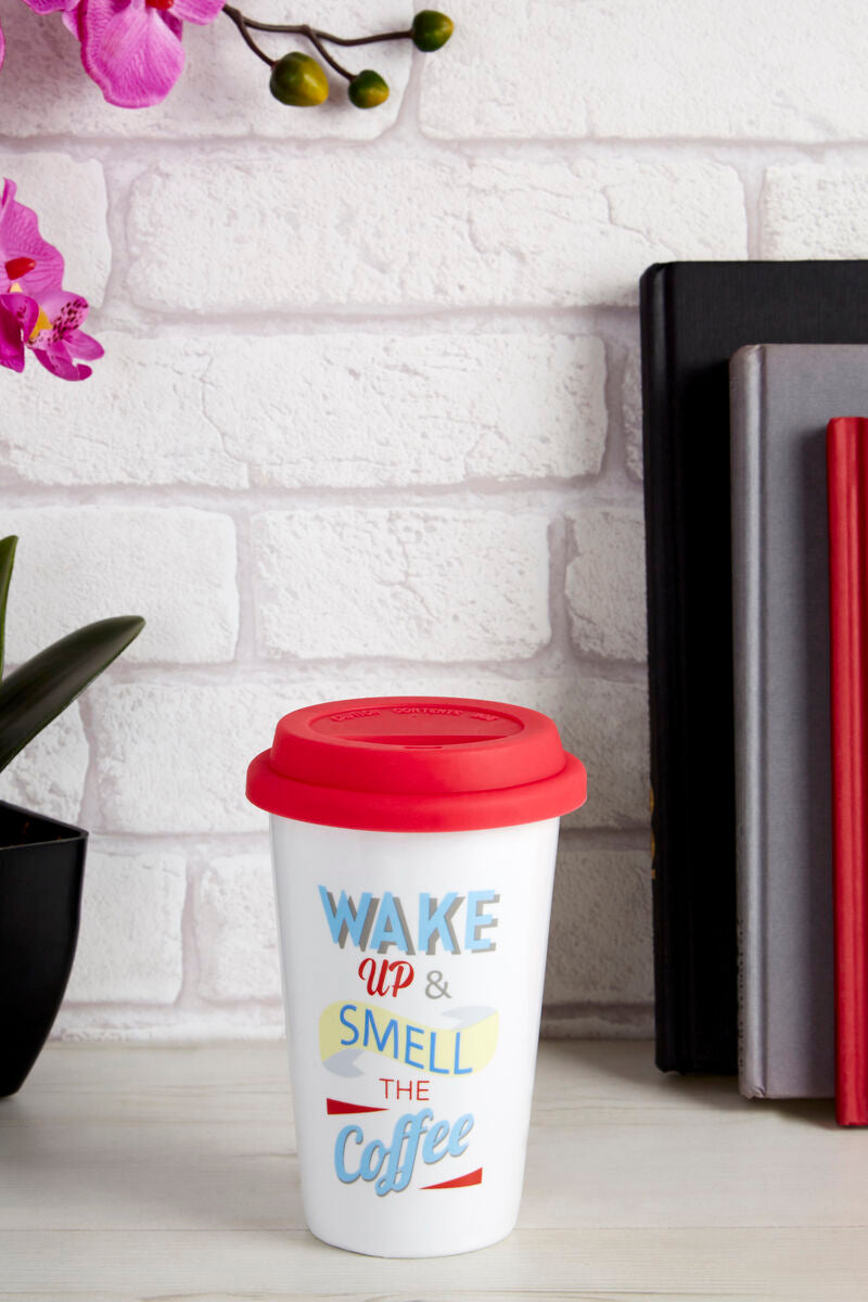 Orsina Taza Wake Up Ceramic Travel Mug with Spill-Proof Silicone Lid