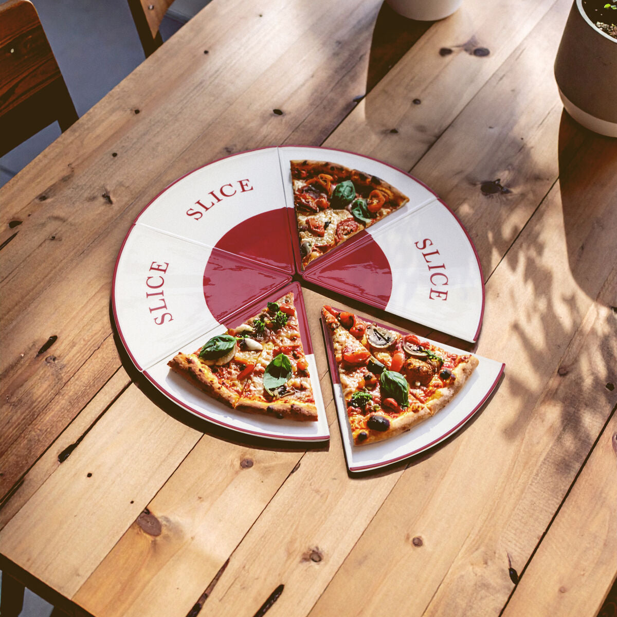 Orsina Hollywood Pizza Slice Plates – 6 Piece Red Trim Stoneware Set