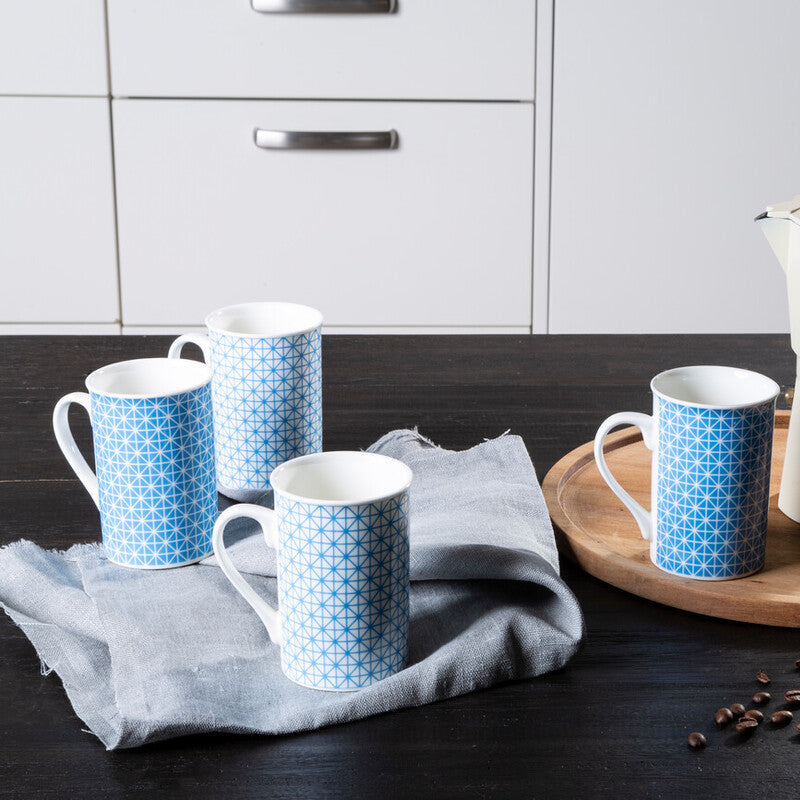 Orsina Maroc Blue Geometric Porcelain Mugs – Set of 4 Coffee Cups