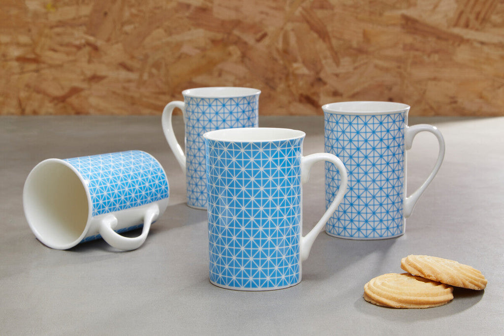Orsina Maroc Blue Geometric Porcelain Mugs – Set of 4 Coffee Cups