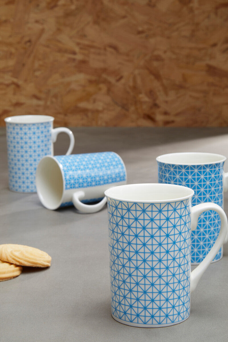 Orsina Maroc Blue Geometric Porcelain Mugs – Set of 4 Coffee Cups