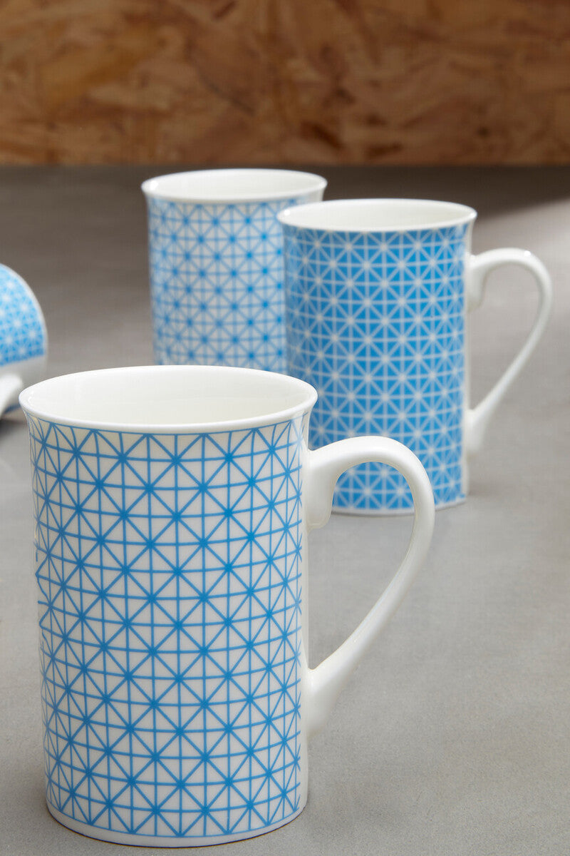 Orsina Maroc Blue Geometric Porcelain Mugs – Set of 4 Coffee Cups