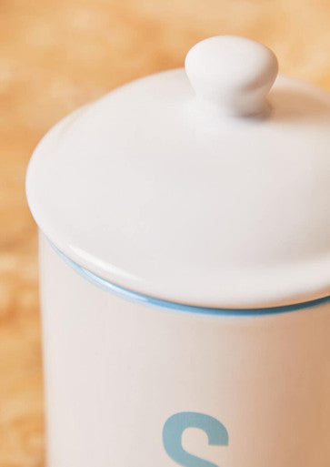 Orsina Homestead Sugar Canister – White Ceramic with Blue Trim