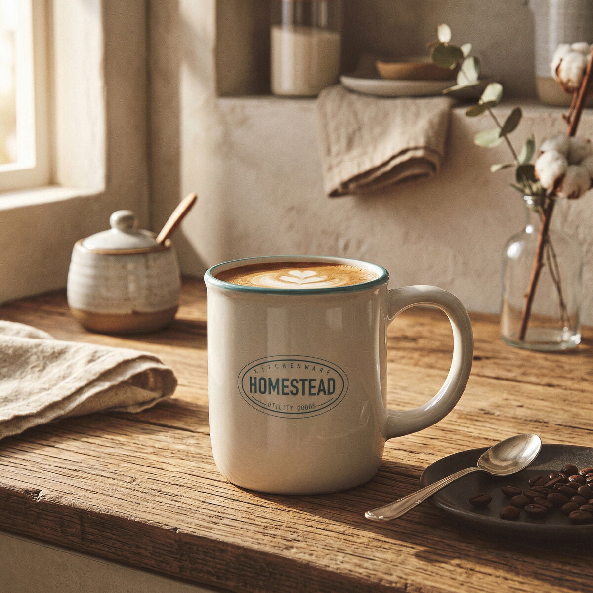 Orsina Homestead Ceramic Mug – White and Blue Stackable Coffee Cup