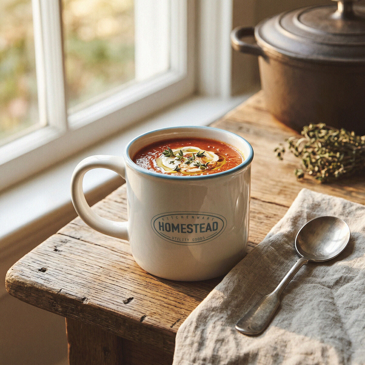 Orsina Homestead Ceramic Soup Mug with Large Handle and Blue Trim