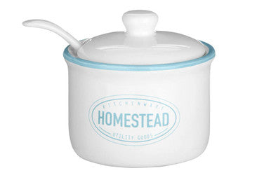 Orsina Homestead Sugar Pot with Lid and Spoon – White and Blue Ceramic
