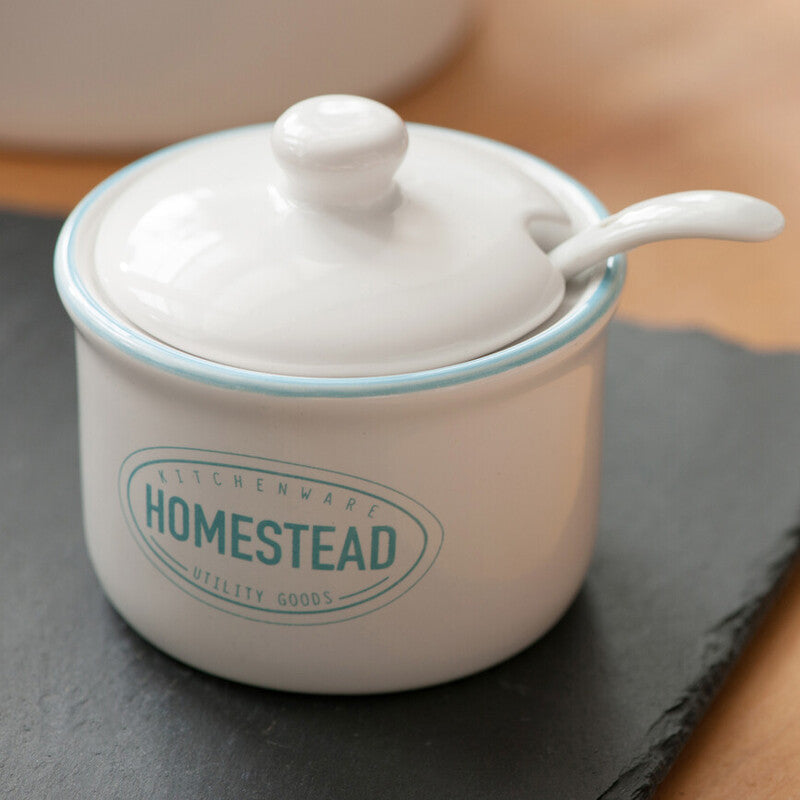 Orsina Homestead Sugar Pot with Lid and Spoon – White and Blue Ceramic