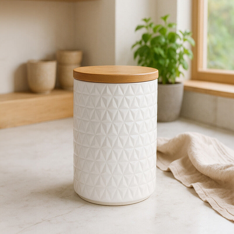Orsina Geome 750ml White Ceramic Canister with Bamboo Lid – Matte