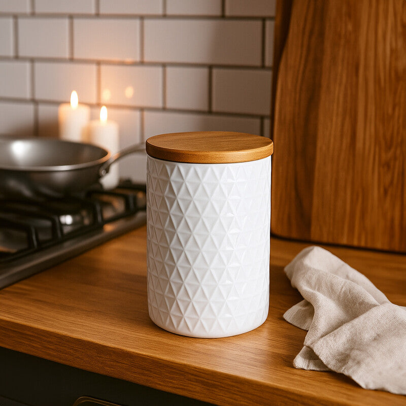 Orsina Geome 750ml White Ceramic Canister with Bamboo Lid – Matte