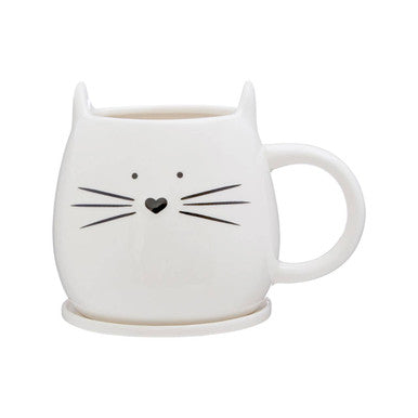 Orsina Ivory Cat Ceramic Mug and Coaster Set – Cute Desk Drinkware