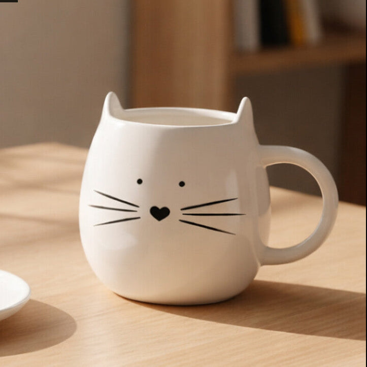 Orsina Ivory Cat Ceramic Mug and Coaster Set – Cute Desk Drinkware