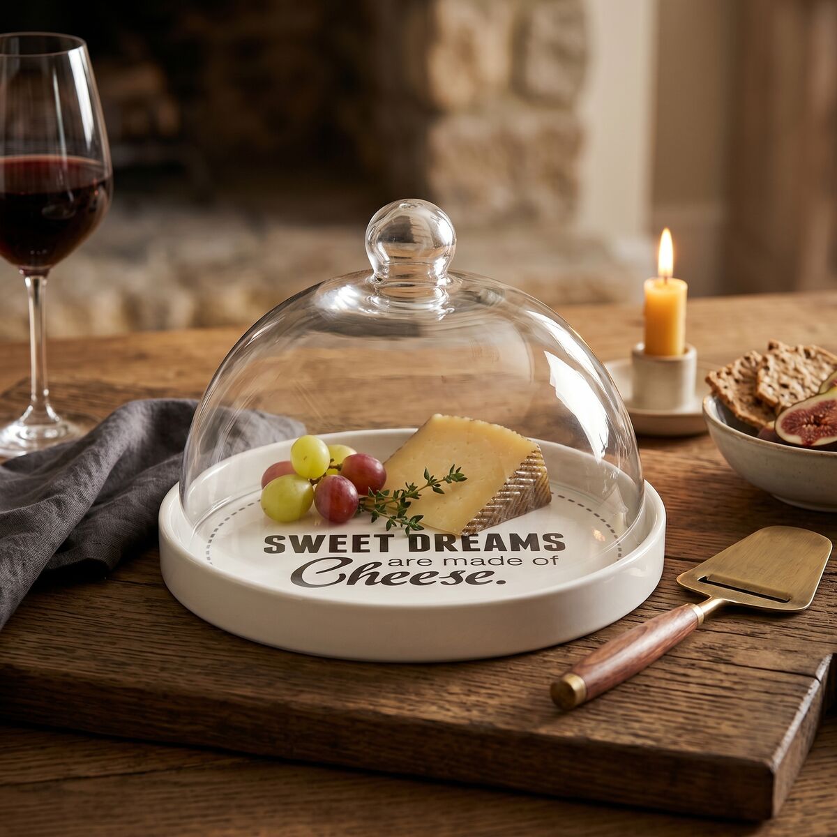 Orsina Cheese Board with Glass Dome – White Ceramic Serving Platter