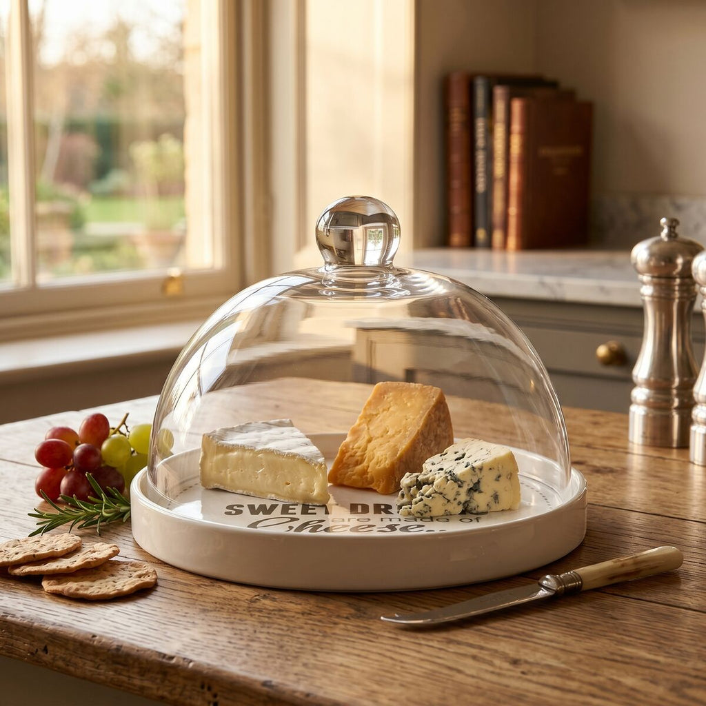Orsina Cheese Board with Glass Dome – White Ceramic Serving Platter