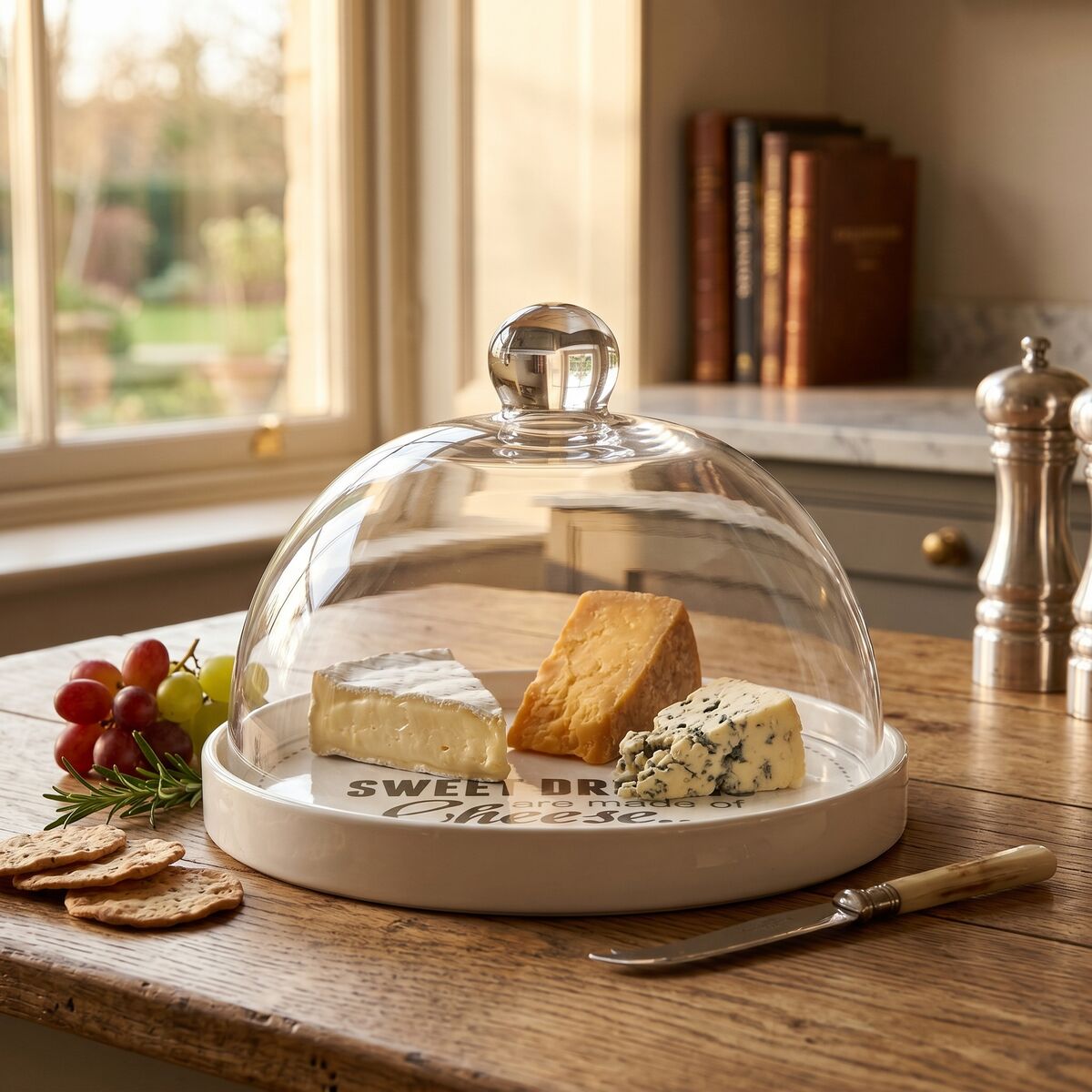Orsina Cheese Board with Glass Dome – White Ceramic Serving Platter