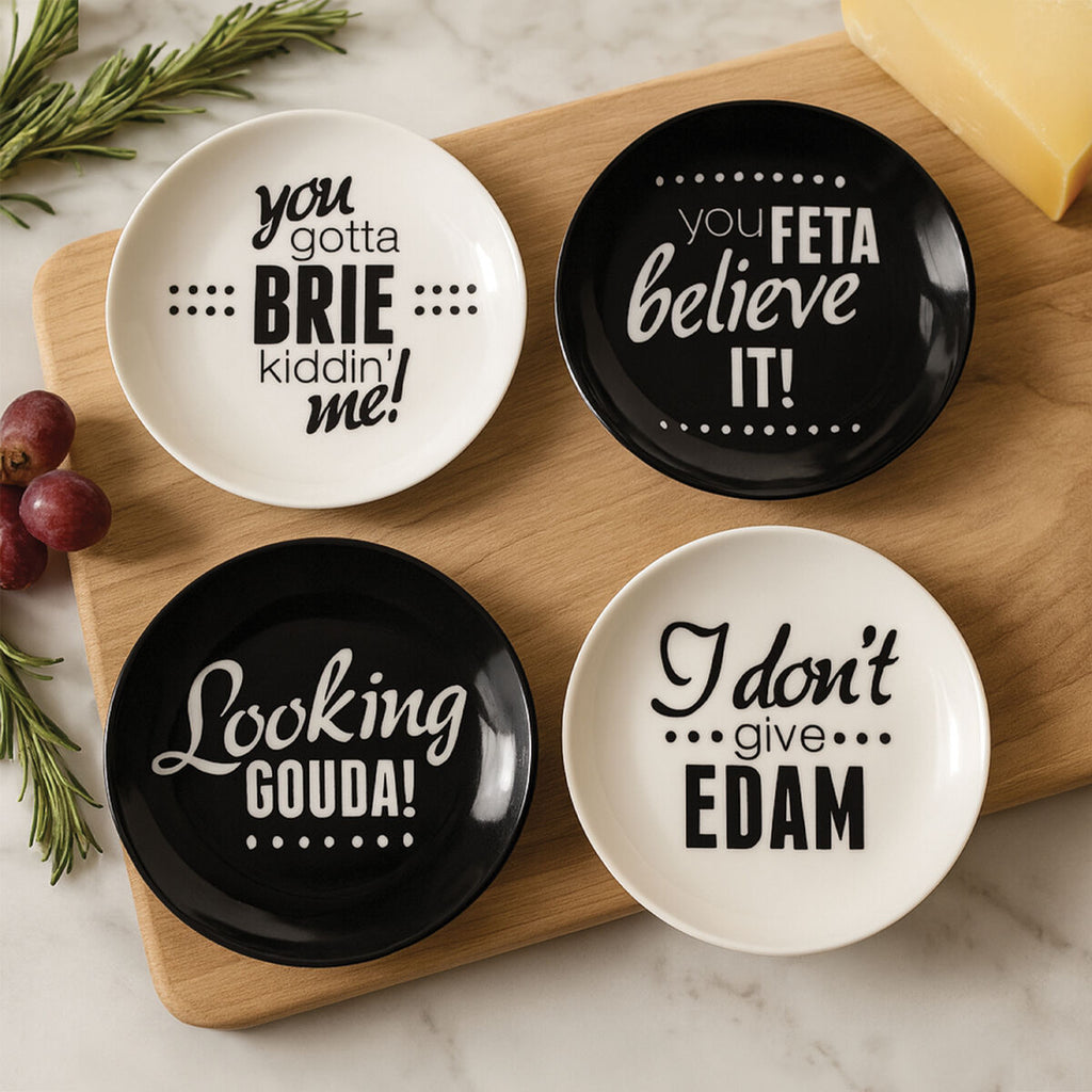 Orsina Pun and Games Cheese Plates – Set of 4 Monochrome Serving Plates