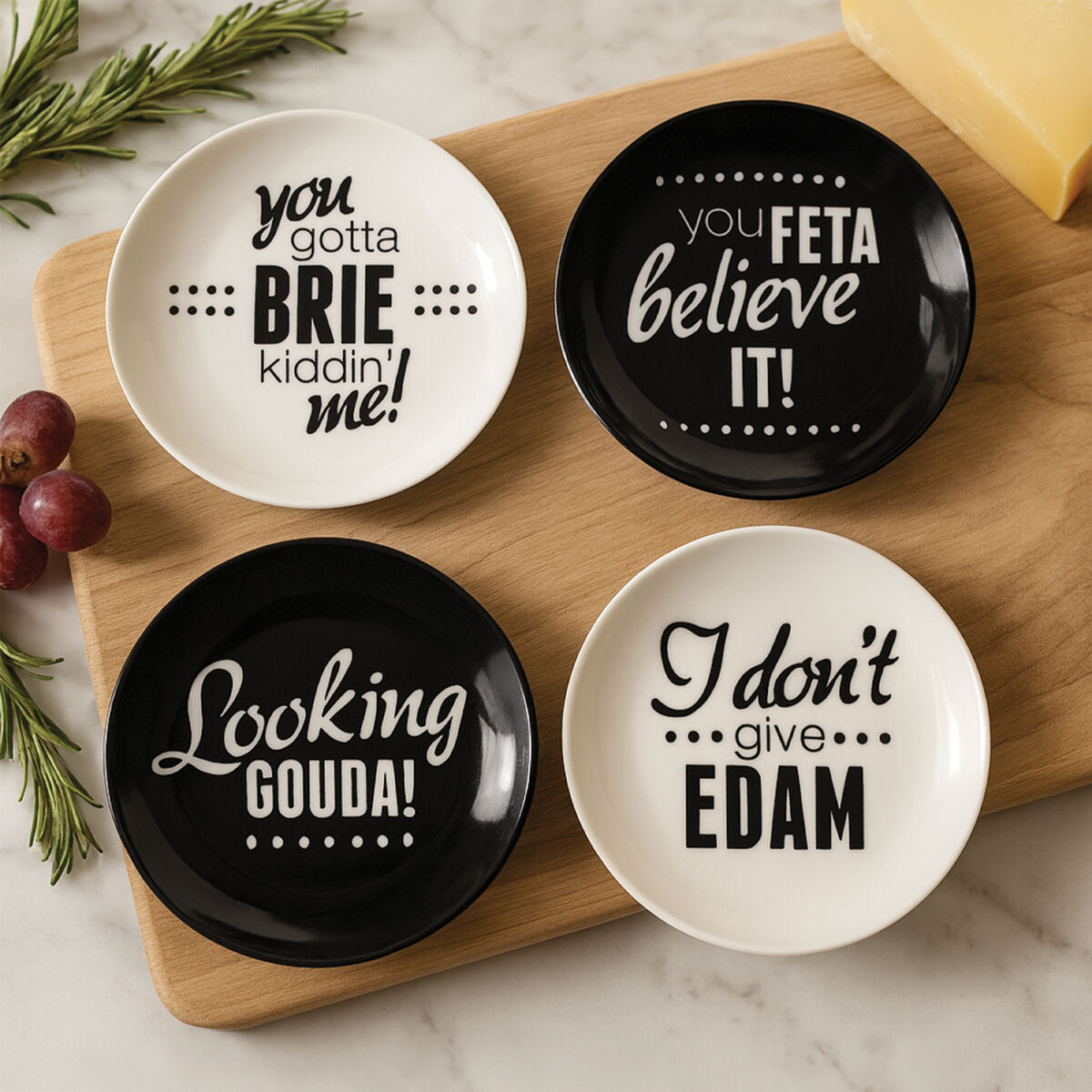 Orsina Pun and Games Cheese Plates – Set of 4 Monochrome Serving Plates
