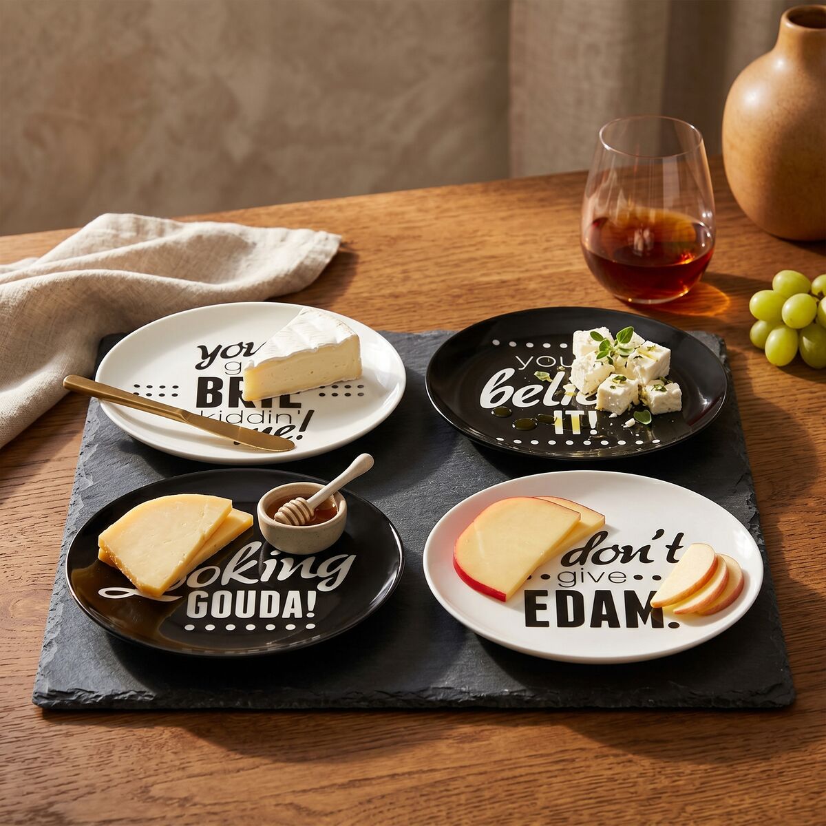 Orsina Pun and Games Cheese Plates – Set of 4 Monochrome Serving Plates