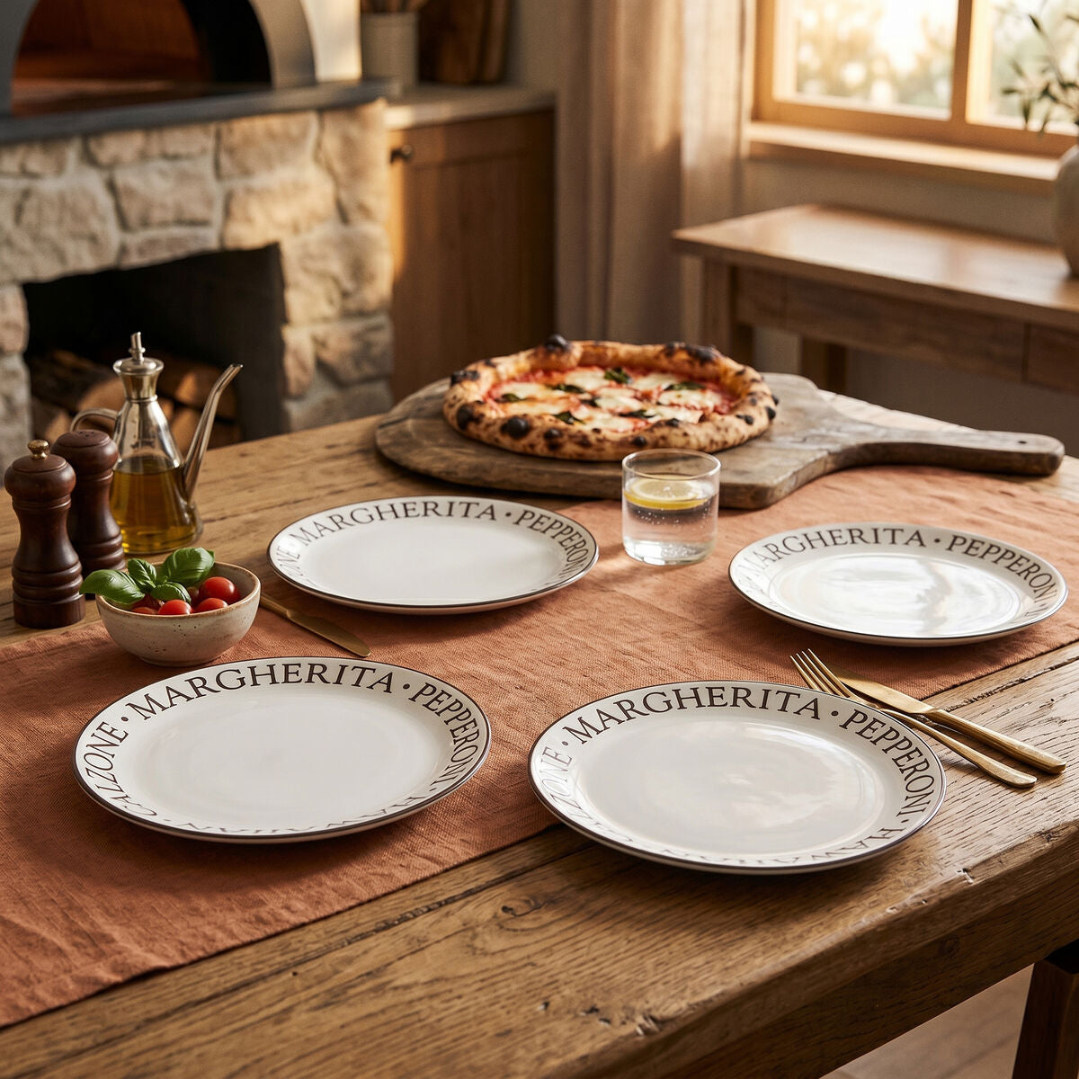 Orsina Noir Pizza Plates – Set of 4 White Porcelain Serving Dishes