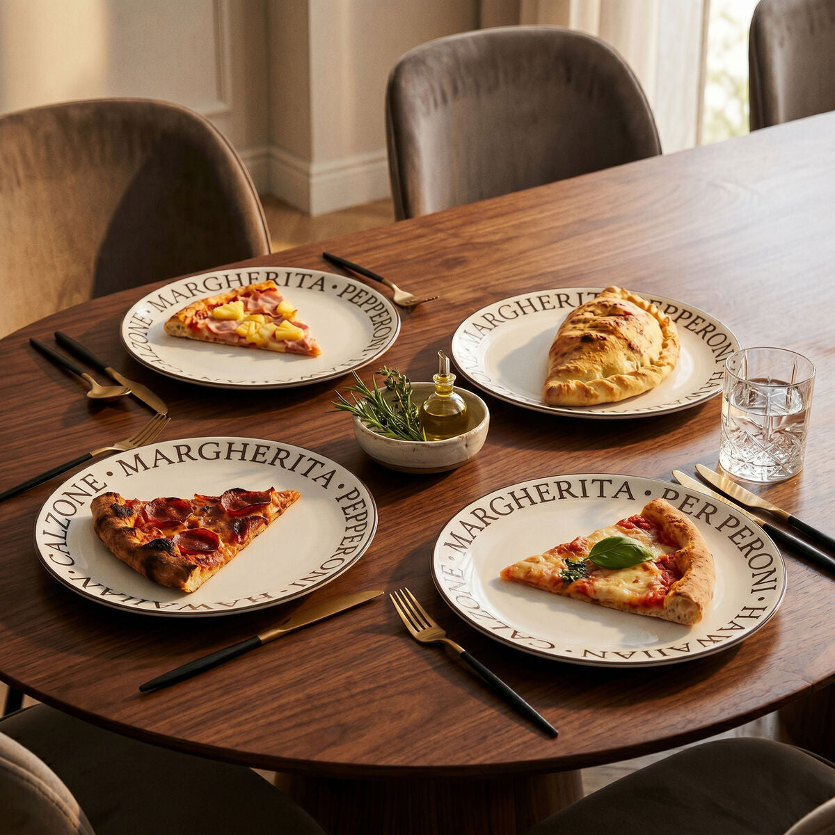 Orsina Noir Pizza Plates – Set of 4 White Porcelain Serving Dishes