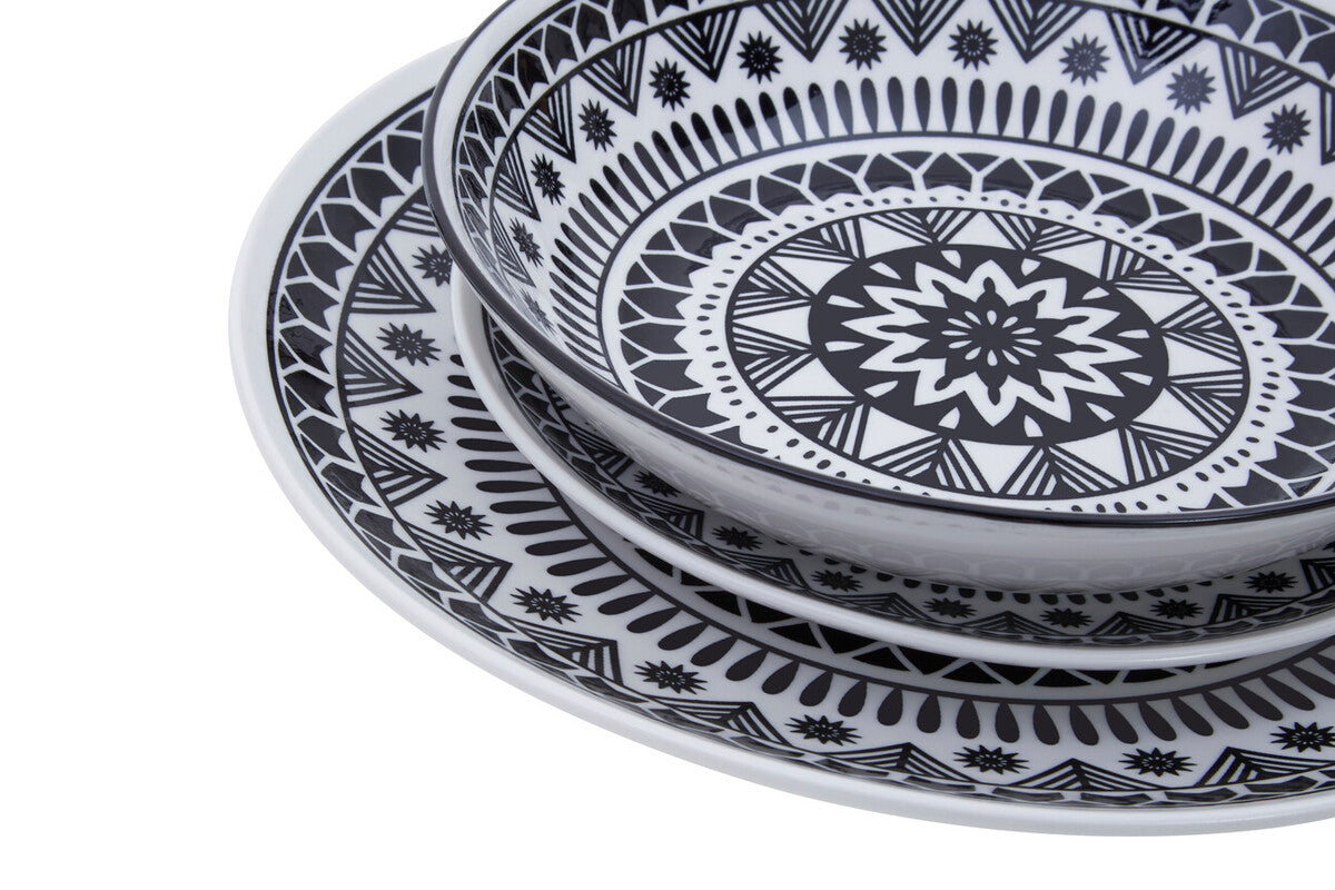 Orsina Maya 12-Piece Dinner Set – Monochrome Patterned Dolomite