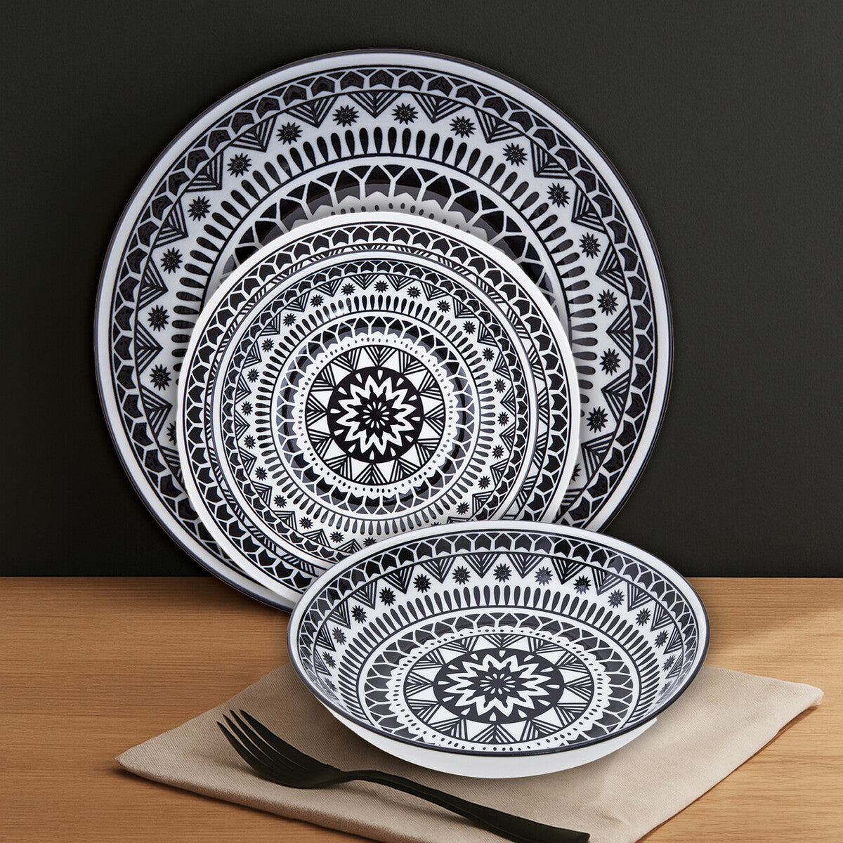 Orsina Maya 12-Piece Dinner Set – Monochrome Patterned Dolomite