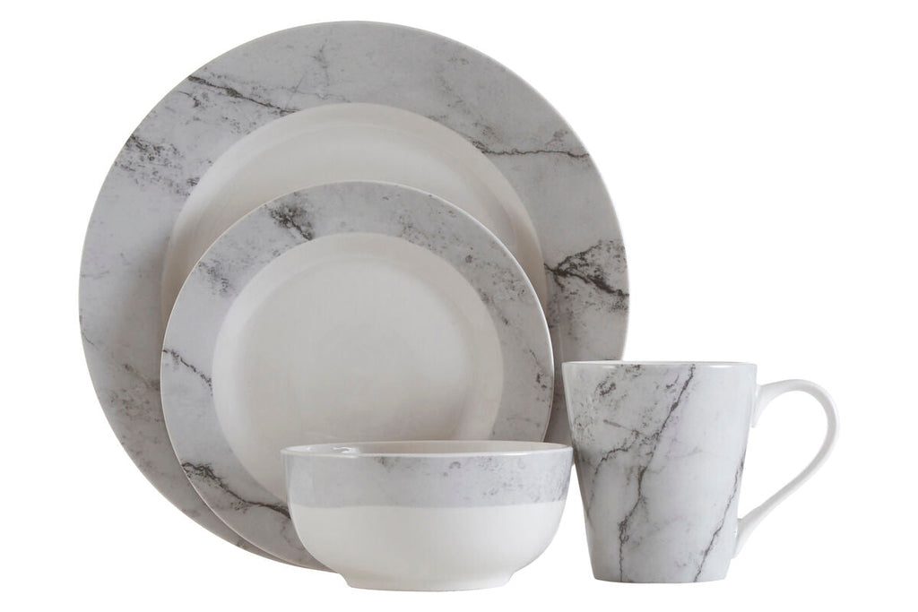 Orsina Avie 16-Piece White and Grey Marble Effect Ceramic Dinner Set