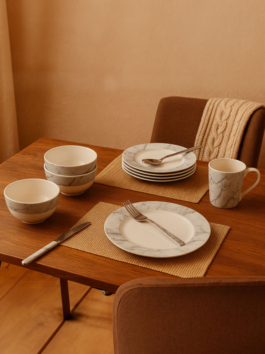 Orsina Avie 16-Piece White and Grey Marble Effect Ceramic Dinner Set